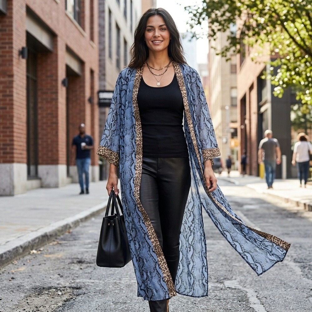 Mob Wife Boho Lisa Rinna Blue Snakeskin Leopard Trim Chiffon Kimono Duster XL